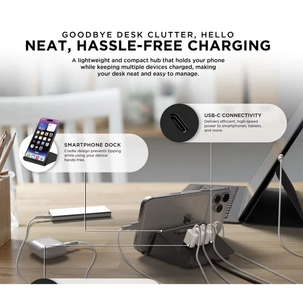iHome 4 Port USB Charging Hub, 3 USB-A, 1 USB-C, Smartphone Dock, 6ft Power Cord
